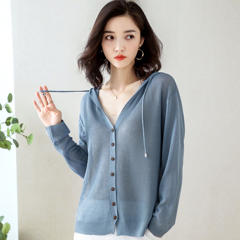 Áo Khoác Cardigan Dệt Kim Mỏng Dáng Rộng Có Mũ Trùm Kiểu Hàn Quốc Thời Trang Xuân Hè Cho Nữ
