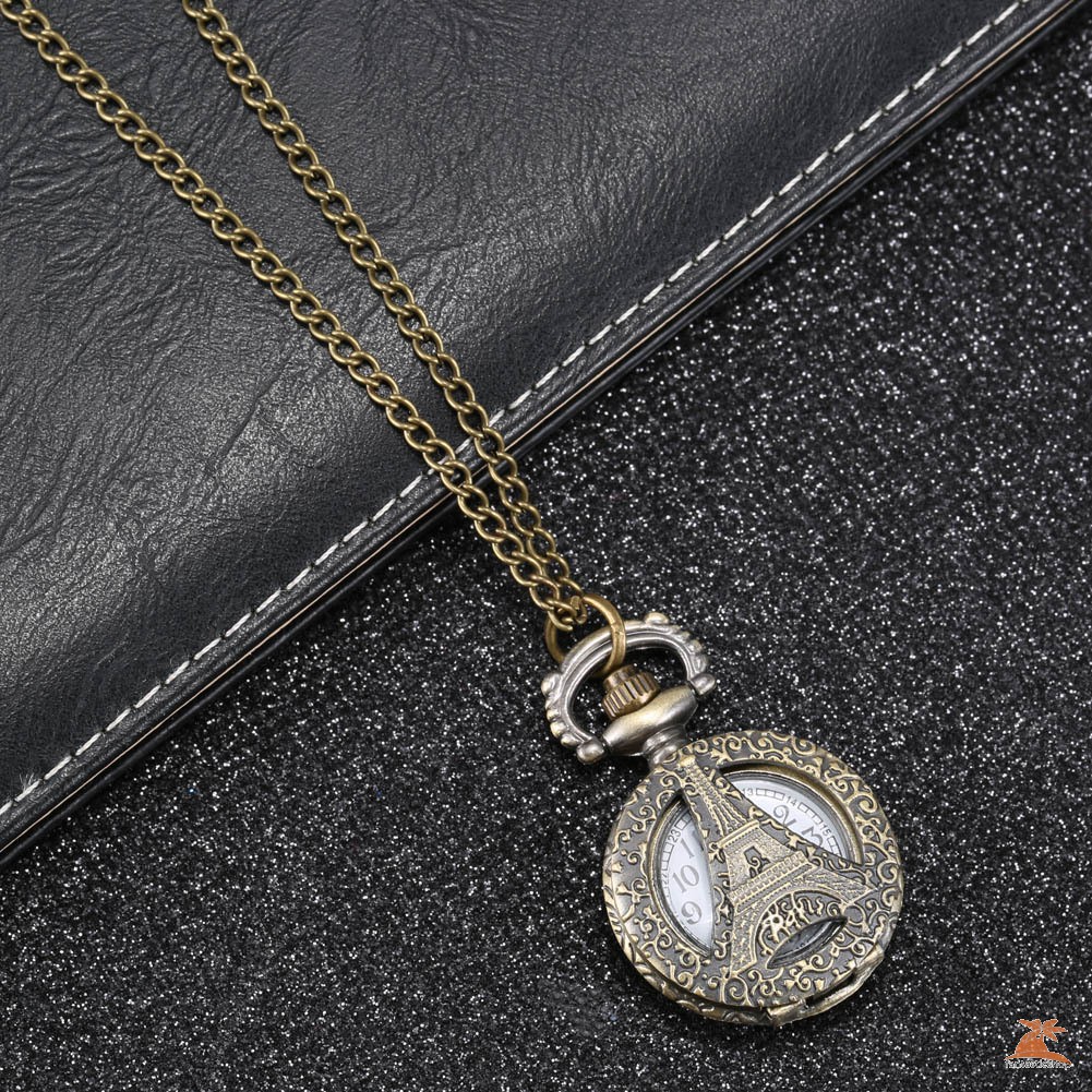 #Đồng hồ bỏ túi# Fashion Vintage Quartz Pocket Watch Alloy Hollow Out Eiffel Tower Sweater Chain Necklace Pendant Clock Gifts