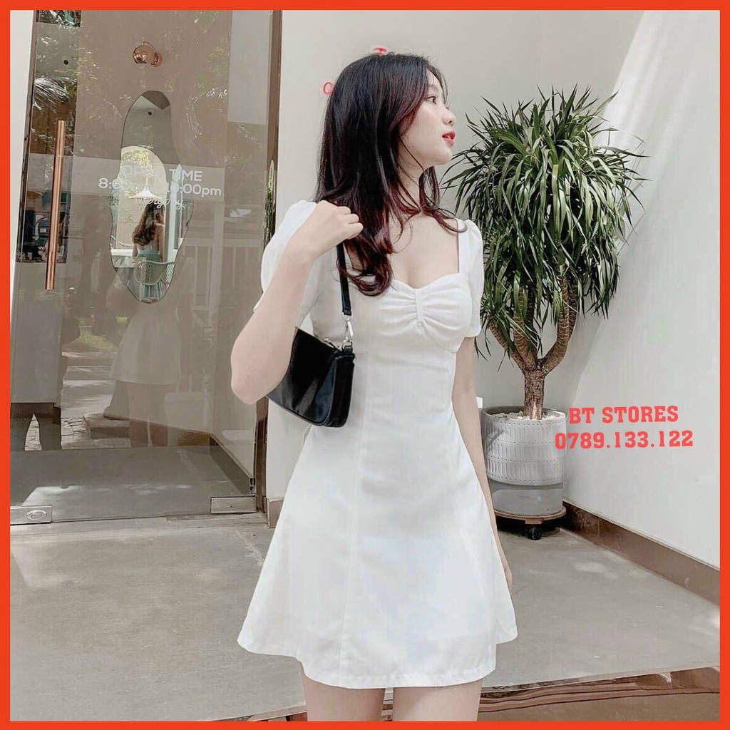 Đầm cổ vuông dáng xòe, ngực phối nơ nhẹ nhàng, có sẵn lót Turan (BT027)