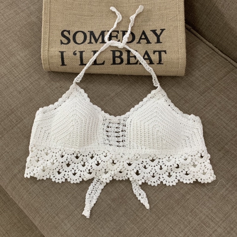 Ren 30-Set đi biển 3 món - bra + quần ren xẻ vạt + choàng len mỏng dáng dài ~90cm