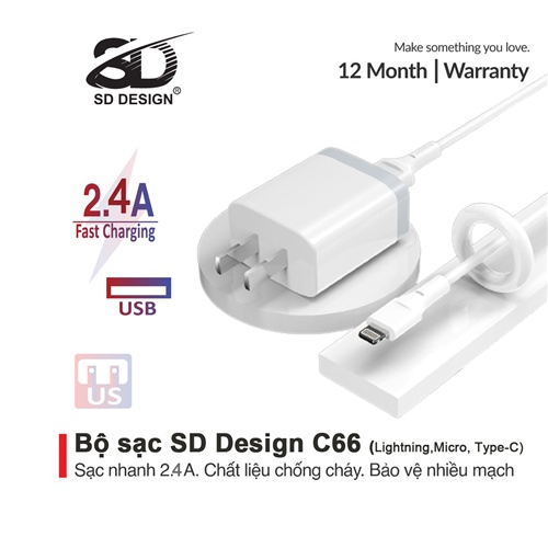 CHÍNH HÃNG-FULL BOX-NGUYÊN SEAL Bộ Củ + cáp sạc SD DESIGN C66 chính hãng sạc nhanh an toàn cho các dòng điện thoại