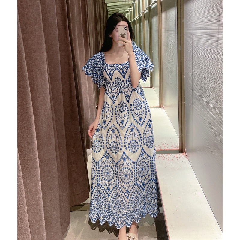 Zara Đầm Dây Cổ Lá Sen Thêu Họa Tiết Màu Xanh Dương / Trắng Thời Trang Mùa Hè Xinh Xắn Cho Nữ2157051