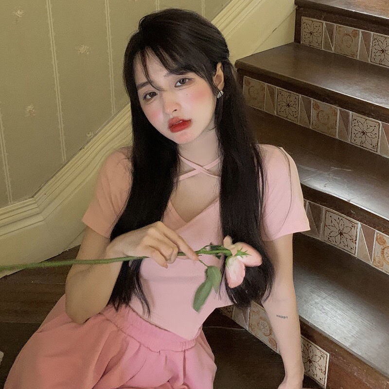 Bộ Áo Thun Hồng + Quần Short Dáng Ôm Thời Trang Mùa Hè Mới Cho Nữ