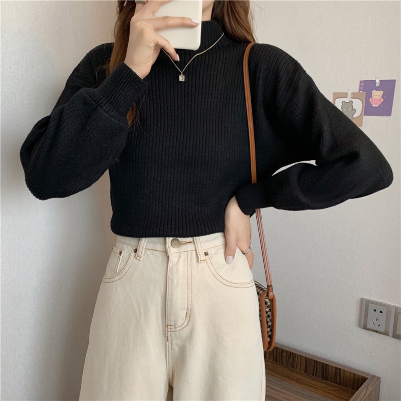 Áo dệt kim tay dài cổ cao giản đơn phong cách Hàn thanh lịch dễ phối đồ