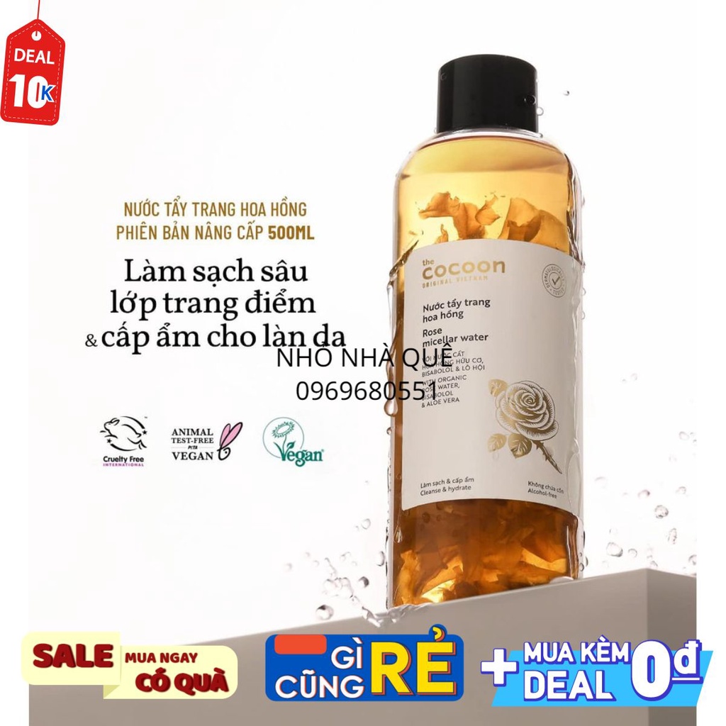 [THE COCOON] Combo Nước tẩy trang hoa hồng cocoon 500ml + Son dưỡng môi dầu dừa bến tre cocoon 5g