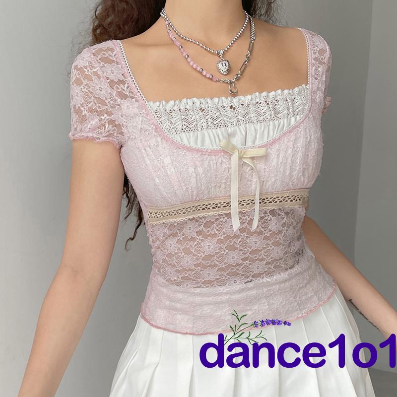 ✪Sz❀Áo Kiểu Trong Suốt Phối Ren Và Nơ Thời Trang Mùa Hè Cho Nữ