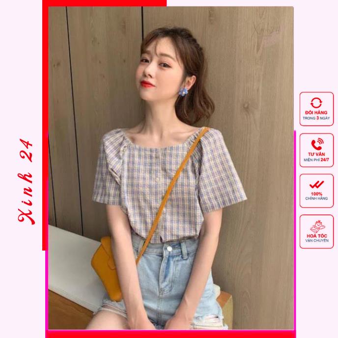 Áo Kiểu Nữ Cổ Vuông Sọc Caro trẻ trung xinh xắn, phong cách Hàn Quốc