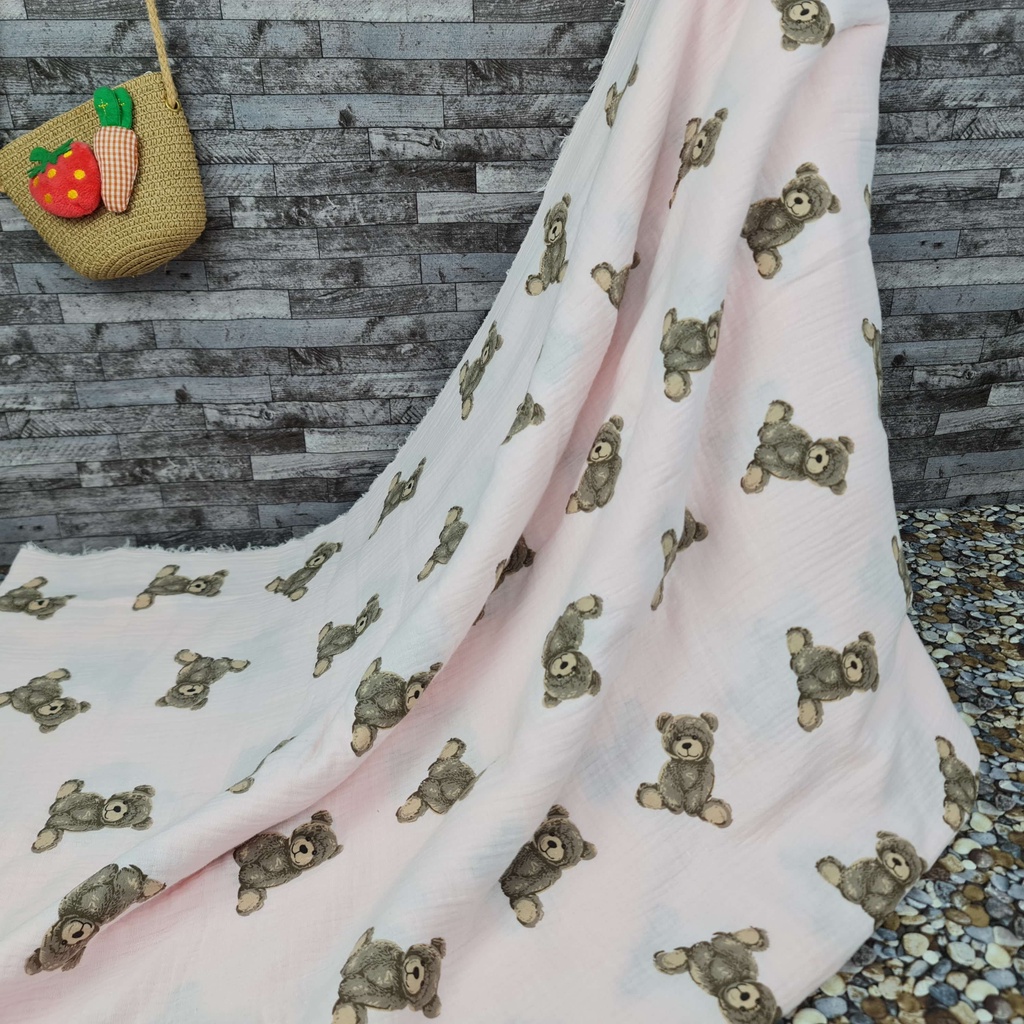 Vải xô muslin 2 lớp cao cấp - Gấu nền hồng