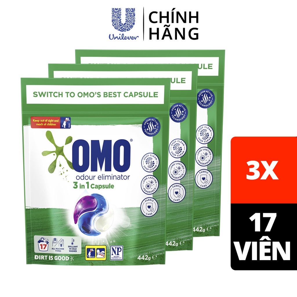 Combo 3 Túi Viên Giặt OMO 3in1 Tiện Lợi Công Nghệ Anh Quốc - Khử mùi (17 Viên/Túi)