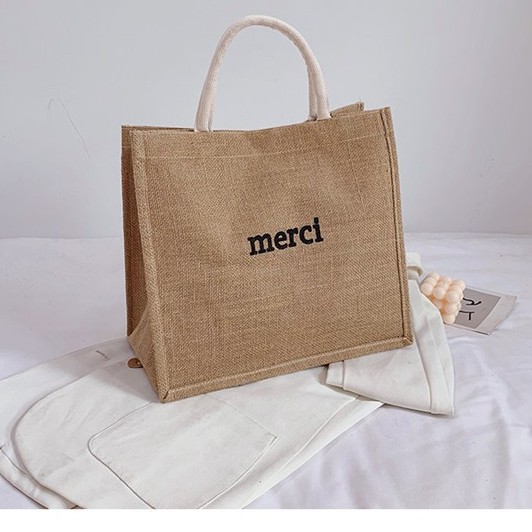 Túi Xách Cói Chữ Merci Thời Trang Cho Nữ Hàng Dày Loại Tốt 32x35x18cm