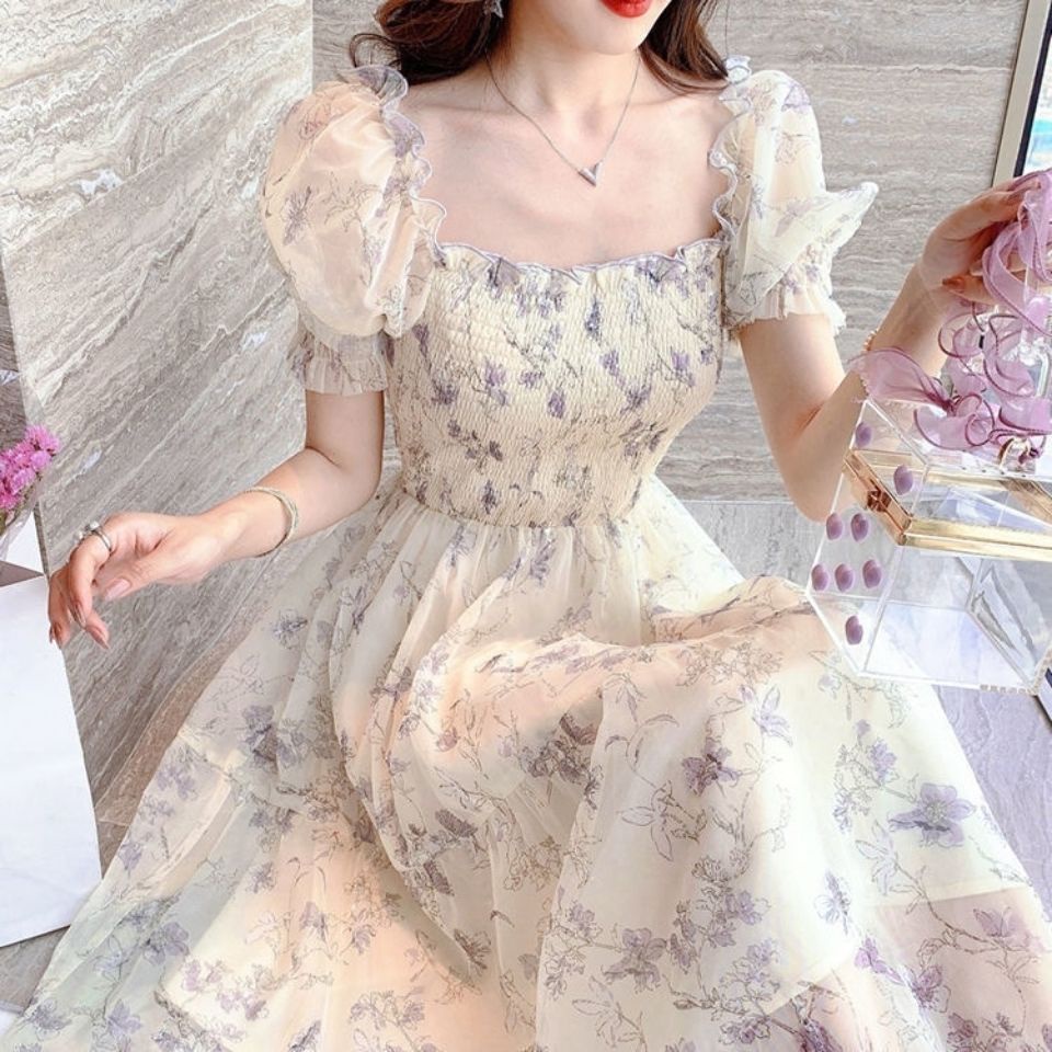 Đầm Chiffon Dáng Chữ A Tay Phồng Ôm Eo In Họa Tiết Hoa Phong Cách Pháp Thời Trang Mùa Hè Hàng Mới Dành Cho Bạn Nữ 2022