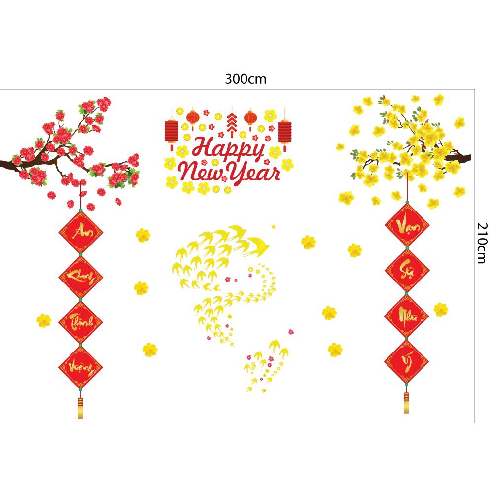Decal dán kính và dán tường cao cấp trang trí tết Happy New Year giá rẻ siêu đẹp - Decal trang trí tết màu sắc nét