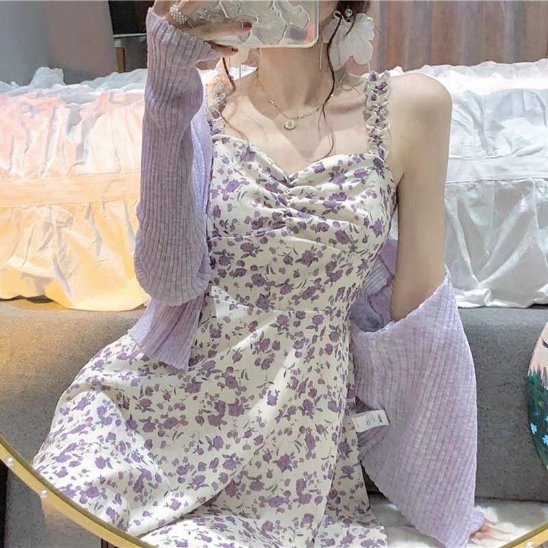 Váy 2 dây hoa nhí tím vintage dáng A nhẹ nhàng tiểu thư(có bán cả khoác ngoài)