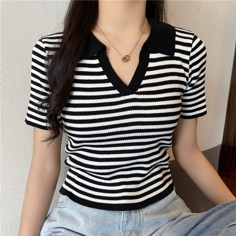 Áo thun SUXI polo dệt kim tay ngắn họa tiết kẻ sọc thời trang Hàn Quốc dễ phối đồ cho nữ