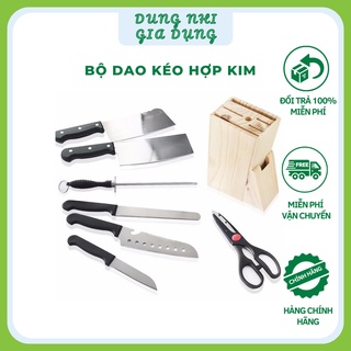 Bộ Dao Kéo Làm Bếp Hợp Kim Inox 7 Món, Bộ Dao Nhà Bếp Đa Năng Tiện Dụng Cho Mọi Gia Đình