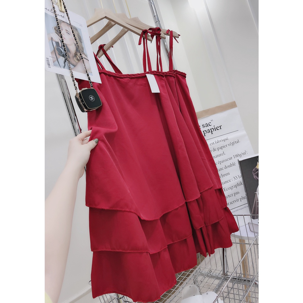 Váy đỏ 2 dây thiết kế đầm suông tầng kết dây DN542