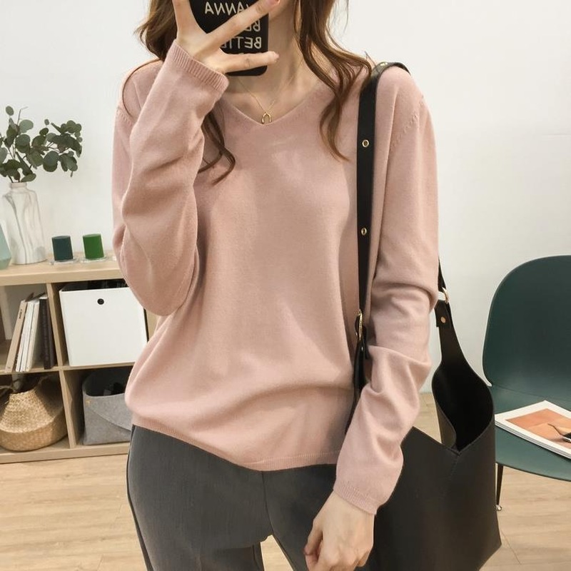 Áo Len Tay Dài Cổ Chữ V Màu Sắc Thanh Lịch Cho Nữ