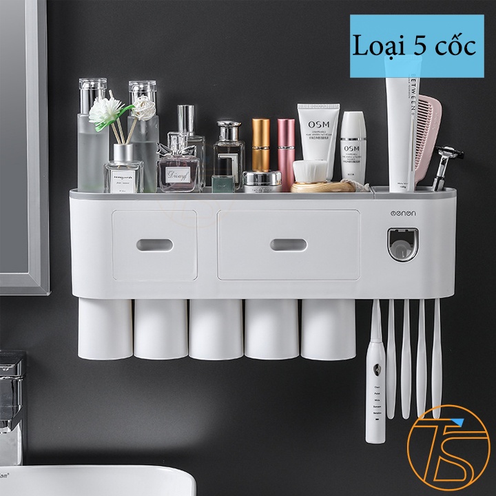 Kệ Nhà Tắm Nhả Kem Thông Minh Oenon Đựng Bàn Chải Đánh Răng, Dao Cạo Râu Loại Dán Tường Mẫu 4, 5 Cốc Kèm Theo Keo Dán