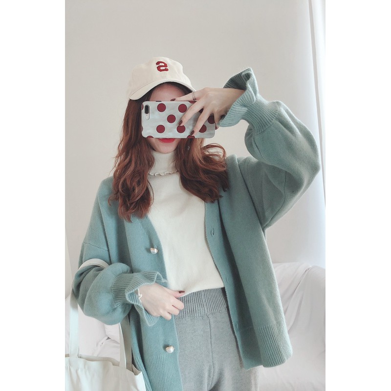 (HÁNG SẴN) Áo khoác len cadigan nữ khuy cườm cổ V bo ống tay điệu đà tiểu thư Hàn Quốc