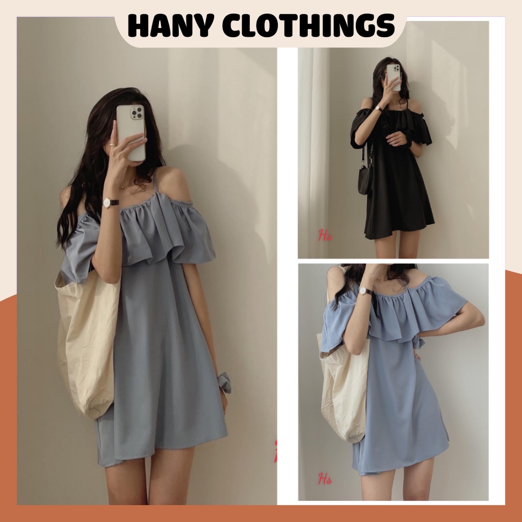 Váy 2 dây trễ vai ngực bèo, váy nữ voan dáng lỡ Q017H màu ĐEN/XANH/TRẮNG HANYCLOTHINGS