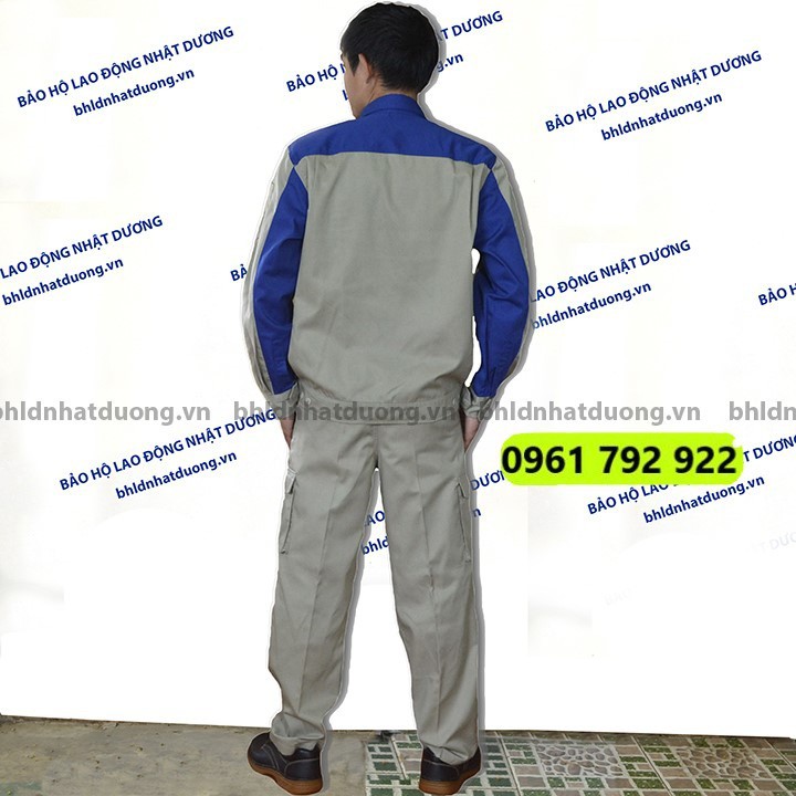 Quần áo bảo hộ lao động nam vải kaki màu ghi phối xanh quần túi hộp TB14, áo bảo hộ dài tay