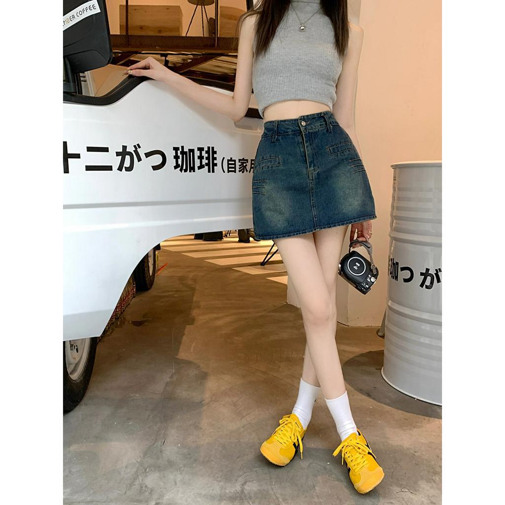 Lalisas Chân váy jean Ngắn Chữ A Lưng Cao Phong Cách retro Mỹ Cho Nữ