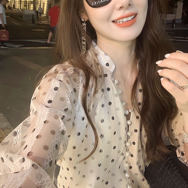 Áo Sơ Mi Chiffon Tay Dài Họa Tiết Chấm Bi Thời Trang Dành Cho Nữ