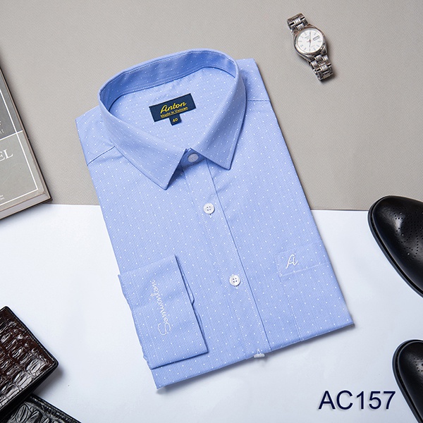 Áo Sơ Mi Nam Công Sở Trung Niên Thương Hiệu Anton Dài Tay Vải Cotton Xanh Chấm Bi – AC157