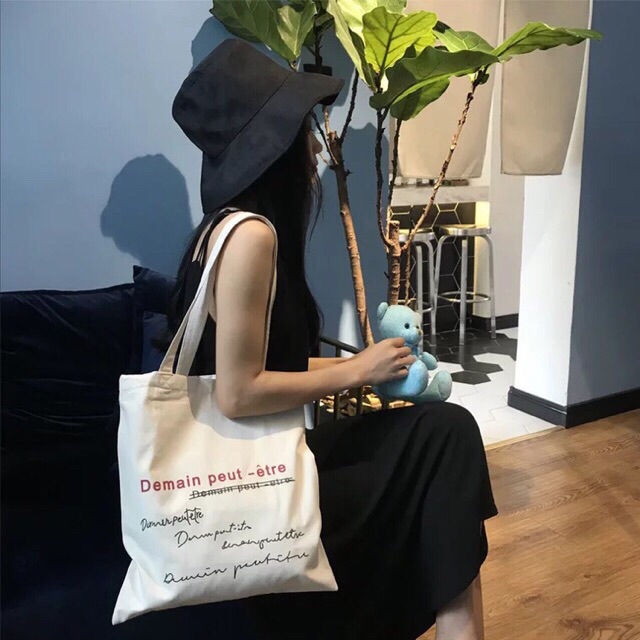 Túi tote vải canvas phong cách vintage Hàn Quốc Chữ Demain