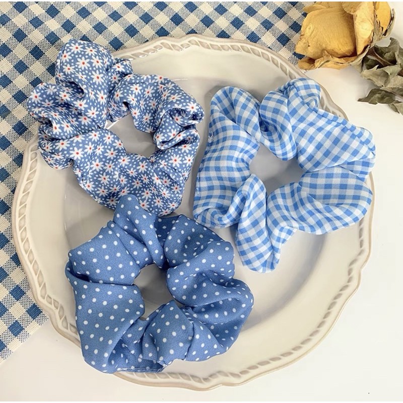 Dây buộc tóc, cột tóc vải scrunchies phong cách vintage hoạ tiết xanh dương