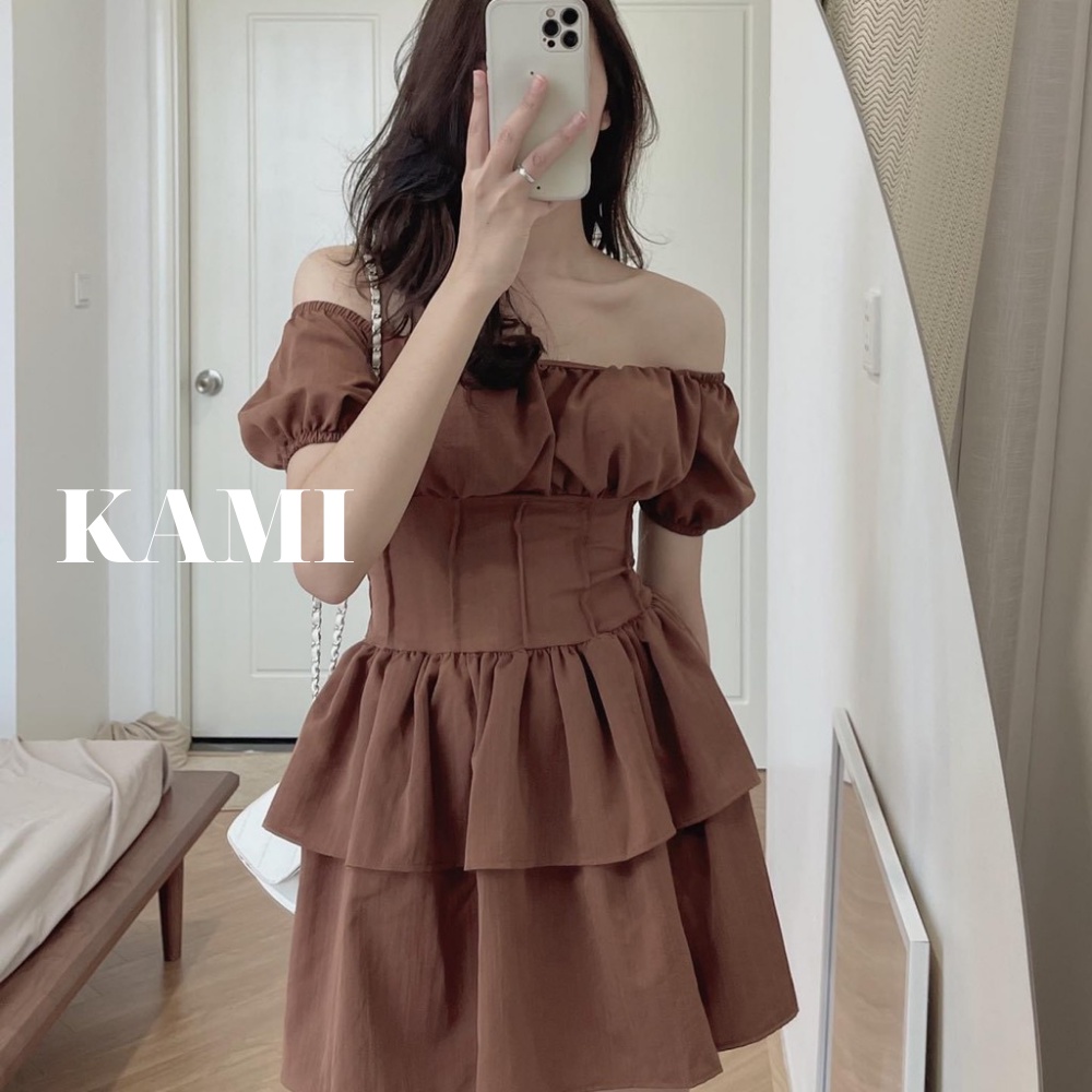 Váy đũi trễ vai chiết eo dáng xòe 2 tầng