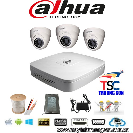 Bộ camera ahua 3 mắt 1.0+ 1 đầu ghi 1.0