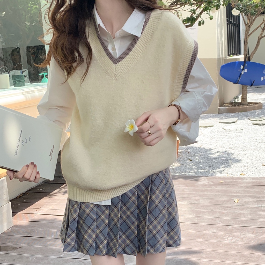 Áo sweater dệt kim cổ v dáng rộng màu tương phản thời trang cho nữ 45672