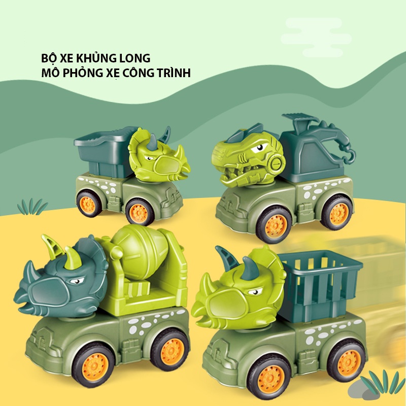 Bộ Xe Ô Tô Khủng Long Mô Phỏng Xe Công Trình Chạy Đà Cho Bé