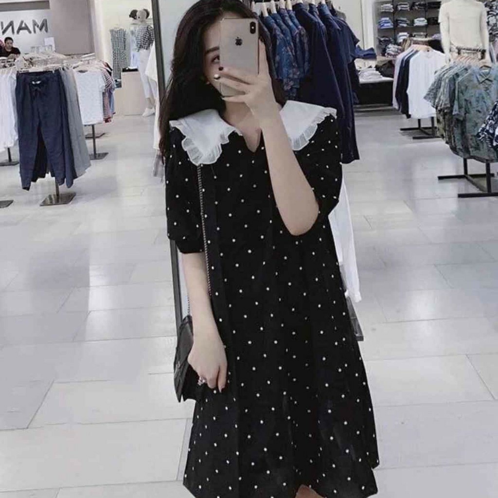 Đầm bầu ngắn tay chấm bi cổ bèo trắng M033 chất chéo thái thời trang thiết kế freesize