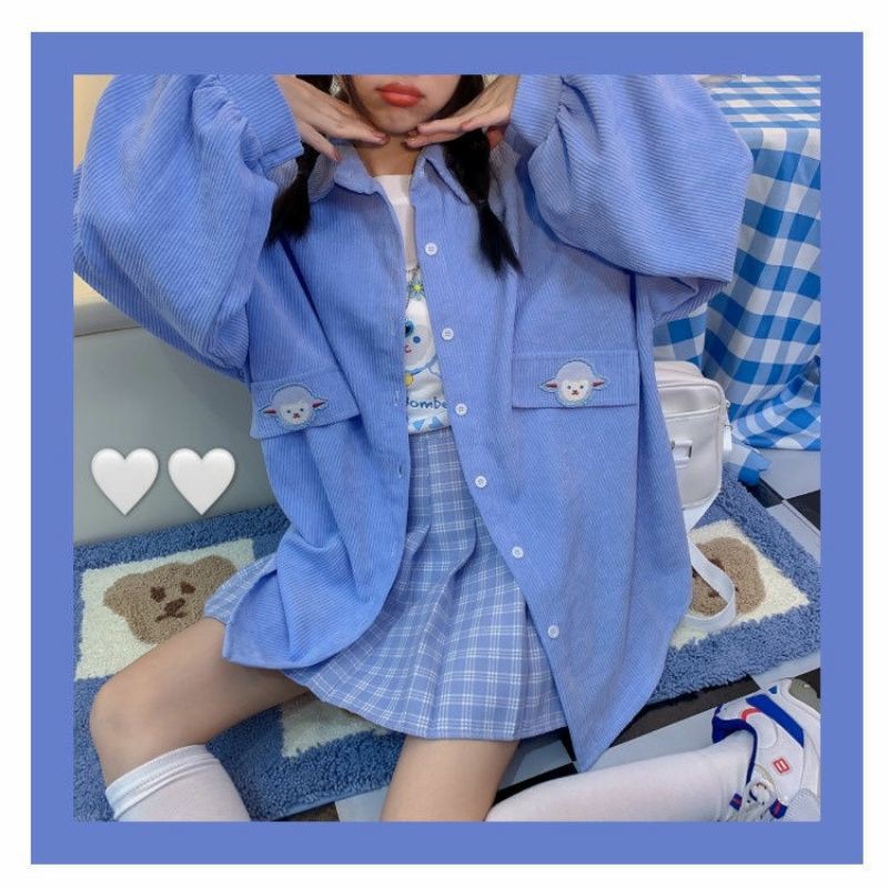 [Order] Áo khoác sơ mi nhung tăm baby blue thêu hình cừu trắng 🐑 đáng yêu Lolita (ảnh thật)