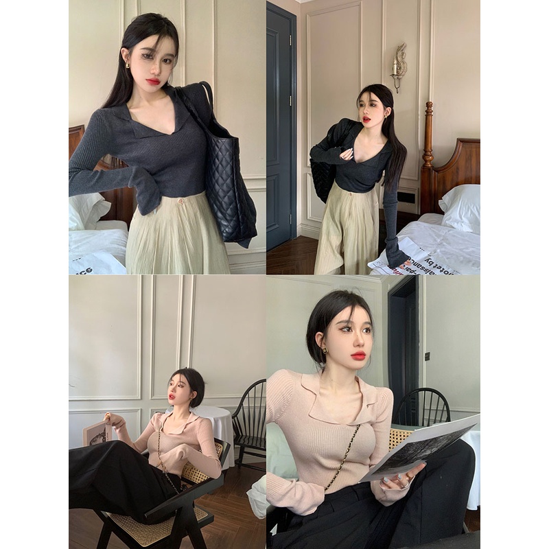 QKOOLE Áo dệt kim  dài tay màu trơn phong cách Hàn Quốc cho nữ