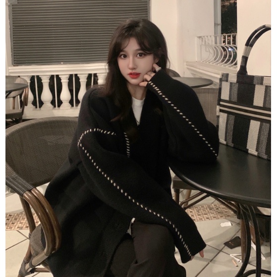 Áo khoác len cardigan phối viền sọc đen dài tay chất len đẹp cadigan dáng rộng phong cách Hàn Quốc đủ size