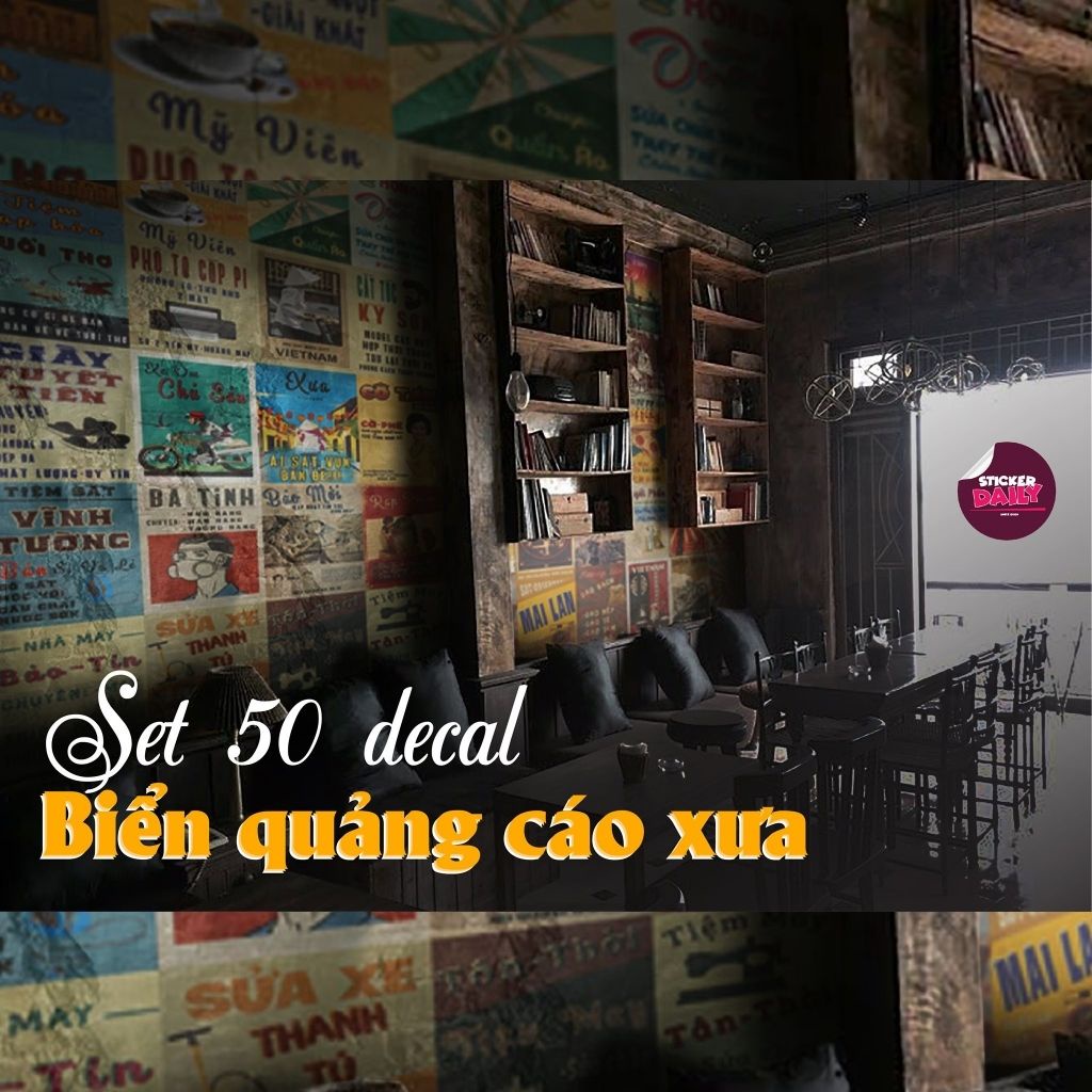 Set decal dán tường Biển Hiệu Xưa Vintage, Decal decor quán cafe, cửa hiệu, trang trí phòng số lượng 24, 50 tấm