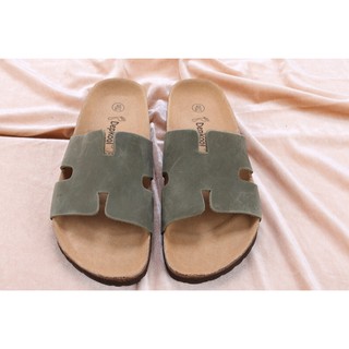 Dép đế trấu chữ H - da bò xanh rêu