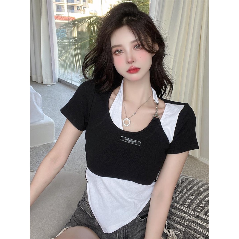 Áo sweater Giả Hai Lớp Dáng Ngắn Phối Khóa Kéo Thời Trang Cho Nữ