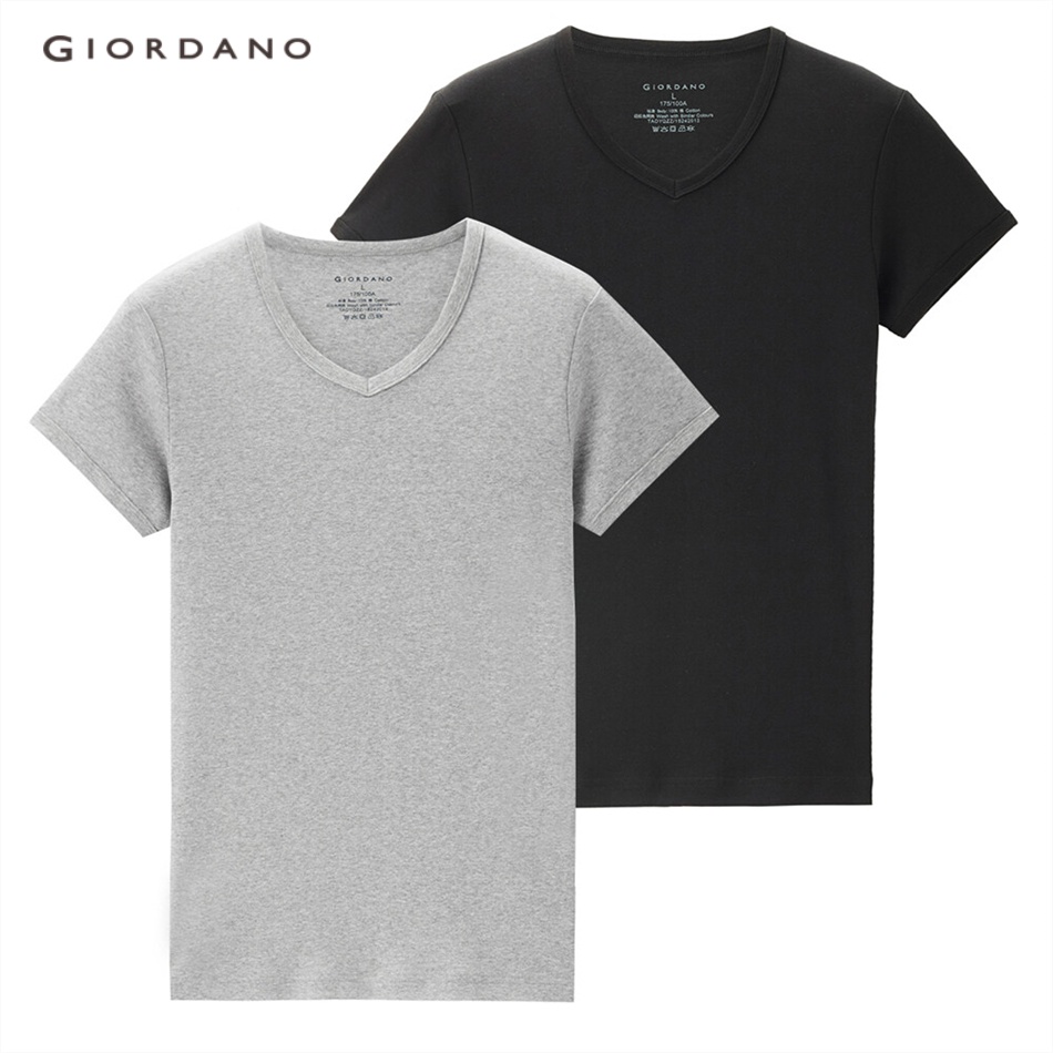 2 áo thun GIORDANO 18242013 cổ V tay ngắn màu trơn cho nam