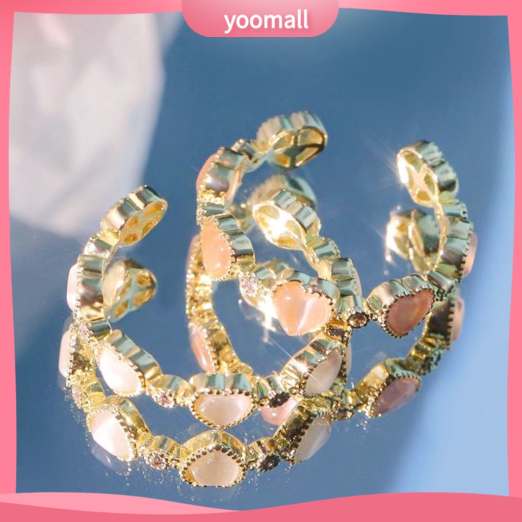 Yomall♡ Nhẫn Hở Đồng Đính Đá Opal Hình Trái Tim Thời Trang Có Thể Điều Chỉnh Cho Nữ