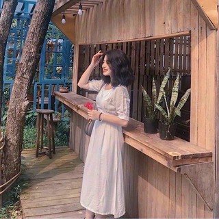 Đầm trắng cổ tròn thắt eo (kèm hình thật)