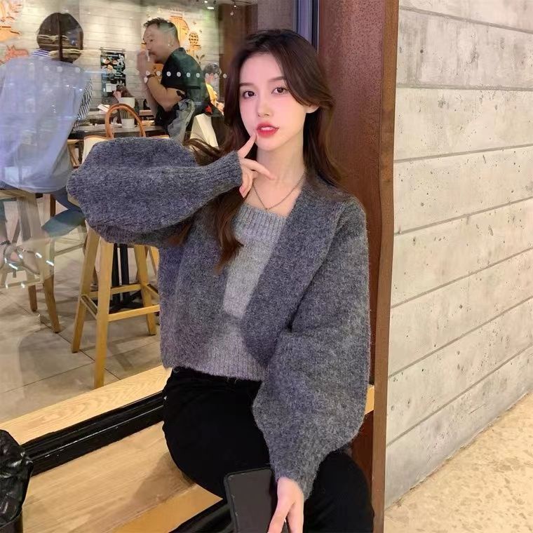 Áo Sweater Dệt Kim Giả Hai Lớp Dáng Ngắn Màu Hồng Thời Trang Thu Đông Hàng Mới