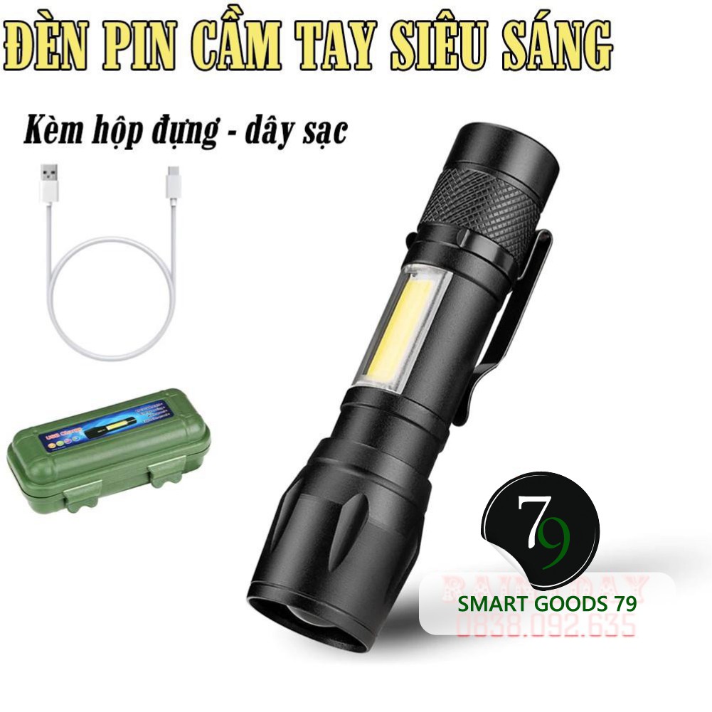 Đèn pin siêu sáng mini bin sạc điện usb bóng led xpe cob có zoom chống nước cầm tay