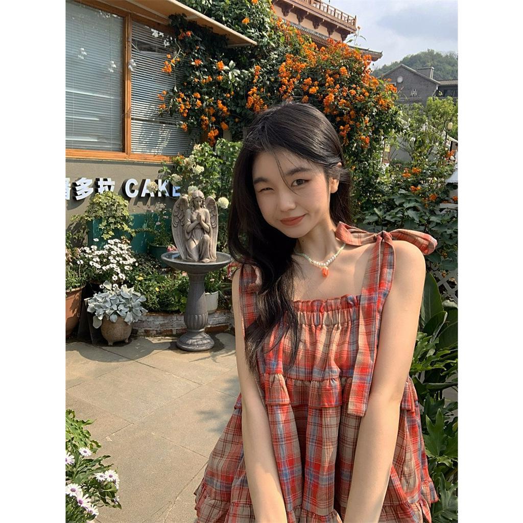 Áo Babydoll Nữ 2 Dây Kẻ Caro 🦋 Áo Nữ 2s Buộc Nơ Viền Bèo Chất Thô Đũi 🦋