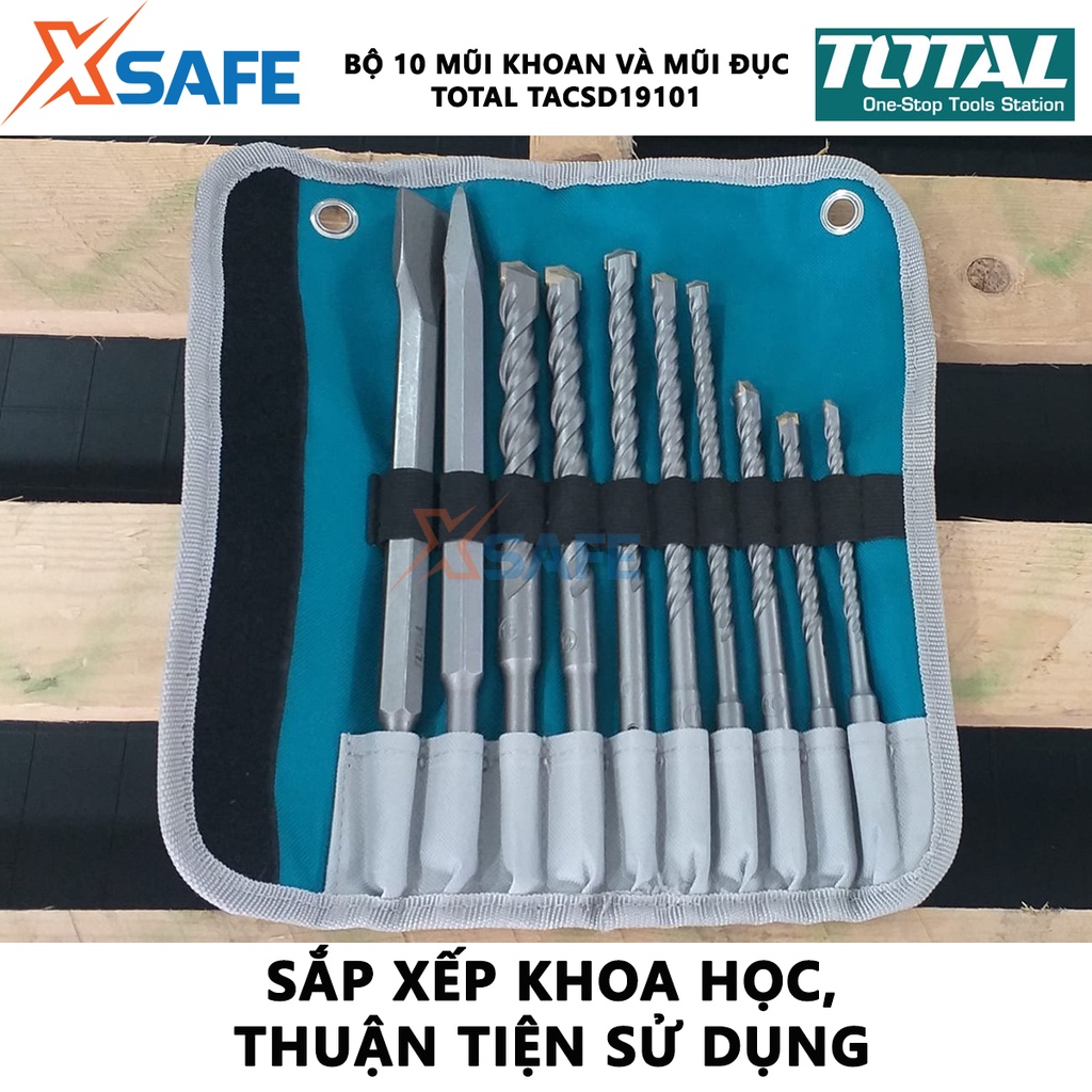 Bộ mũi khoan và mũi đục bê tông 10 chi tiết TOTAL TACSD19101 gồm 8 mũi gài và 2 mũi đục - [XSAFE]