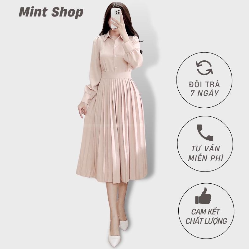 Váy nữ dài xếp li dáng dài cổ sơ mi kiểu dáng nhẹ nhàng thanh lịch phù hợp với mọi loại sự kiện