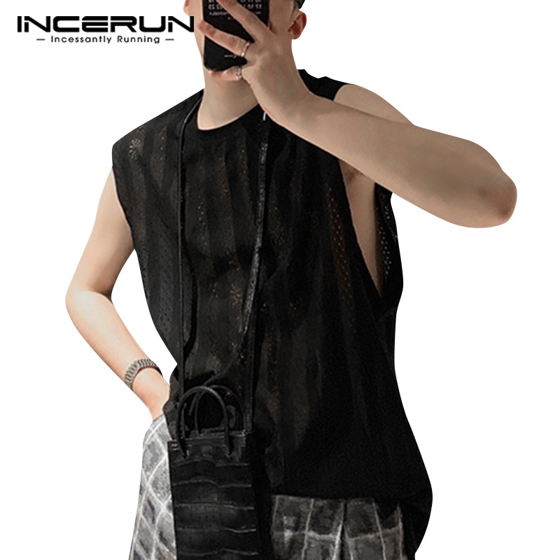 Áo tank top INCERUN sát nách dáng rộng phối ren xuyên thấu thời trang trẻ trung dành cho nam